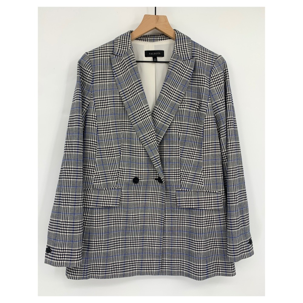 Talbots Blazer Womens 10 Black Blue Plaid Double Breasted Cotton Blend Career